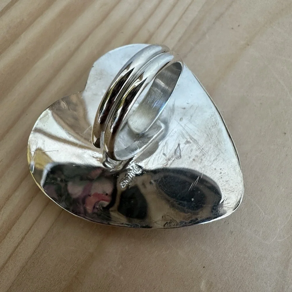 Artisan Heart Ring 8.75 Adjust Fossil Dino Gembone 925 Sterling‎ 27.8g USA Made